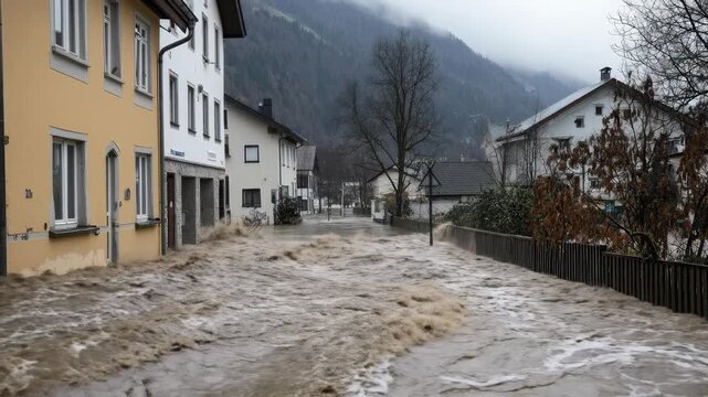 Devastating floodwaters inundate a rural village road. Muddy torrents surge past houses, threatening properties under a grey sky. Severe weather causes extreme overflow and environmental danger.