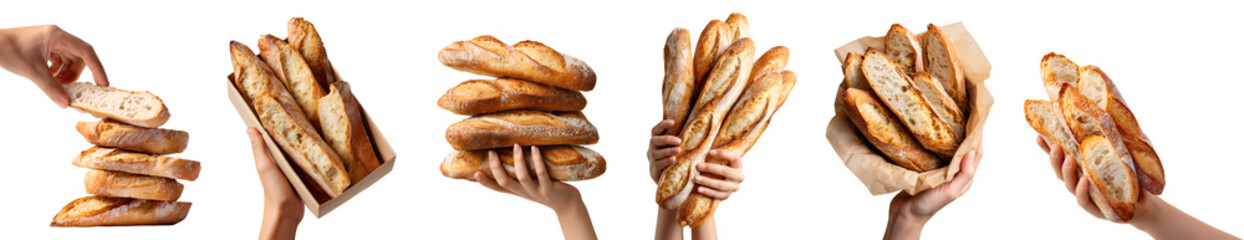 Set of hand holding Baguette, tradition narrow toasted French baked bread bun, takeaway carton bowl box, pile group slice torn broken piece, transparent cutout PNG. Many different Mockup