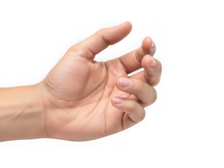 Close up of a woman's hand with painted fingernails delicately pinching something small against a stark black background isolating the gesture