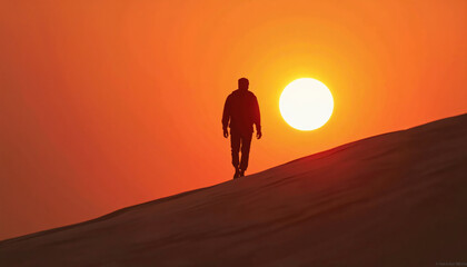 Silhouette of person walking on sand dune towards sun