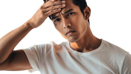 Close-up studio portrait of a young man with a stressed or worried expression