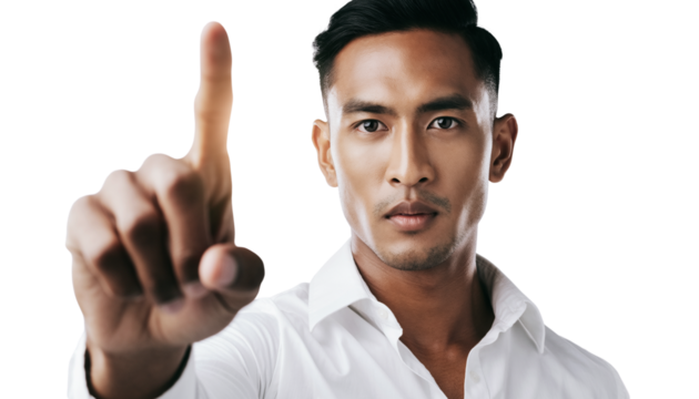 Professional man pointing finger to interact with virtual screen in studio - Powered by Adobe