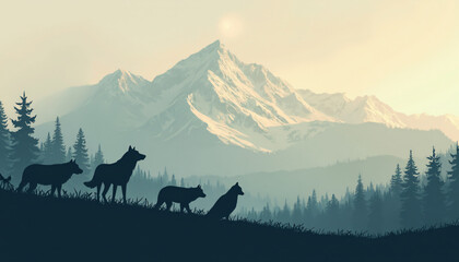 Wolves in Misty Mountain Landscape