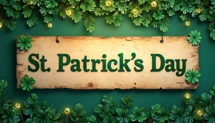 Wooden Sign with St. Patrick's Day Text and Green Foliage