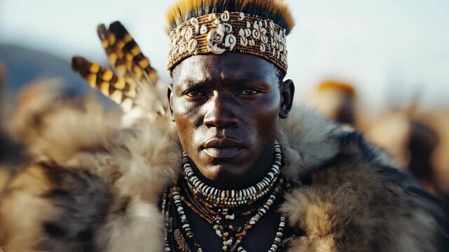 A dignified Zulu warrior stands with a proud, direct gaze, wearing traditional feathered regalia, intricate beaded necklaces, and a fur cloak in the vibrant African savanna.