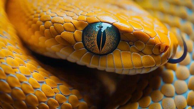 Close-up of a vibrant yellow snake with striking blue eyes.