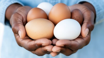 Hands of Harvest: A close-up shot captures hands tenderly cradling a clutch of fresh eggs. The focus is on the rustic charm of nature's bounty. The shot is perfect for showcasing natural food.