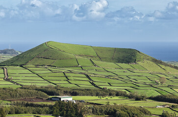Terceira island volcano crater and green agricultural pastures © ANTONIO