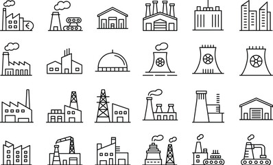 Industrial factory icons, power plant illustrations, nuclear cooling tower, line style warehouse symbols, energy production, manufacturing building vectors