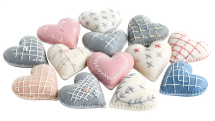 Colorful Handmade Felt Hearts Isolated on White Background