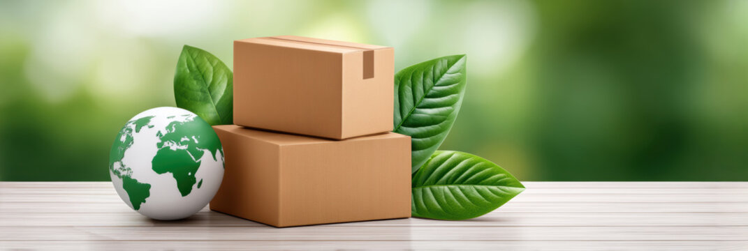 Eco friendly e commerce packaging with cardboard boxes globe and green leaf eco awareness