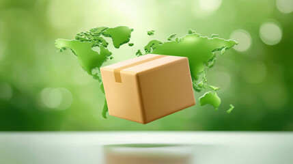 Green cardboard package floating over green world map symbolizing global e commerce delivery