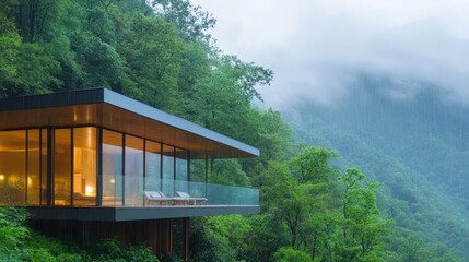 Architectural Serenity in the Green Canopy: A modern glass structure nestles gracefully into a verdant mountainside, blending seamlessly with nature's embrace and panoramic views. 