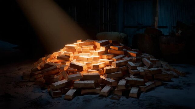 A large pile of gold bars glowing under a spotlight, realistic style on a dark warehouse floor, representing wealth and treasure discovery