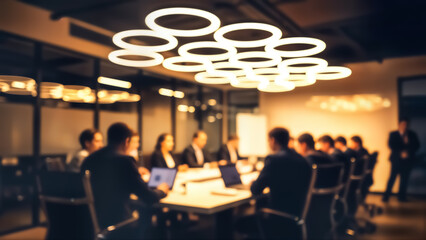Blurry image of business people sitting around a conference table with laptops and illuminated circular lights hanging from the ceiling in a modern office space