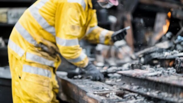 Technician in medium shot inspecting charred wood metal and plastic samples post fire exposure to analyze fire safety performance differences.
