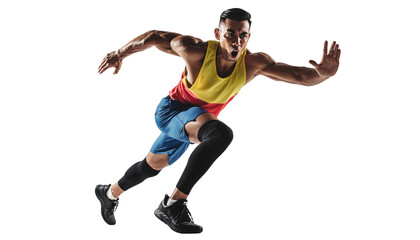 Dynamic studio shot of a determined male athlete sprinting with intense energy