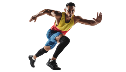 Dynamic studio shot of a determined male athlete sprinting with intense energy