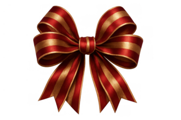 Red and gold ribbon bow with stripes for gifts, christmas, holidays, celebrations, and festive decoration on transparent background