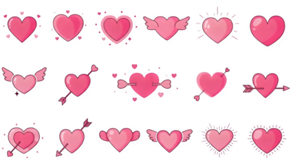Pink Hearts with Wings and Arrows Isolated on White Background