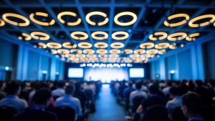 A large audience sits in a conference room with multiple screens and unique circular lighting on the ceiling in a modern auditorium