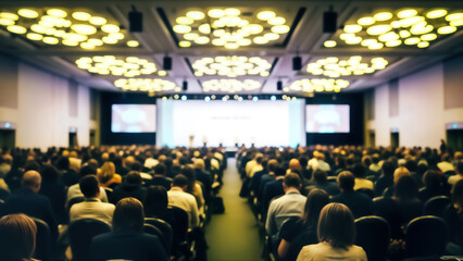 A large audience is seated in a conference room with screens on the stage and modern lighting fixtures on the ceiling, all focused on the presentation