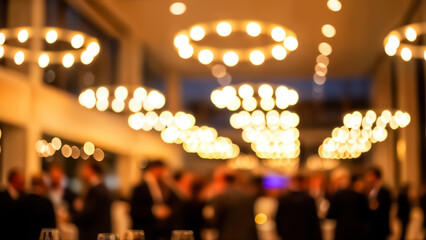 Blurry image of people in a large room with many lights hanging from the ceiling at a social event or party