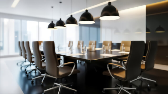 A blurred modern office conference room with a large table and chairs around it, with black lamps hanging from the ceiling - Powered by Adobe