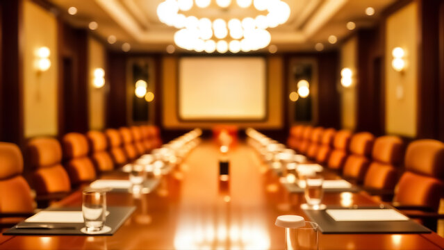 A large conference room with a long wooden table and chairs arranged on either side, with a projector screen at the far end of the room