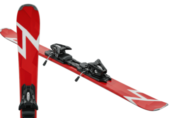 modern alpine racing skis with a matte crimson and white geometric design and detailed black bindings, sharply illuminated against a transparent studio background. concept for high-tech winter