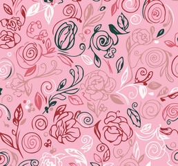 Hand Drawn Rose Line Art Floral Seamless Pattern on Pink Background