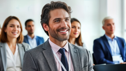 Smiling businessman in a suit sitting in a row of people at a conference or presentation event with colleagues