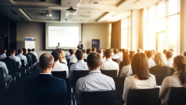 A large group of business professionals sitting in a conference room listening to a presentation on a projector screen in a well lit modern office space