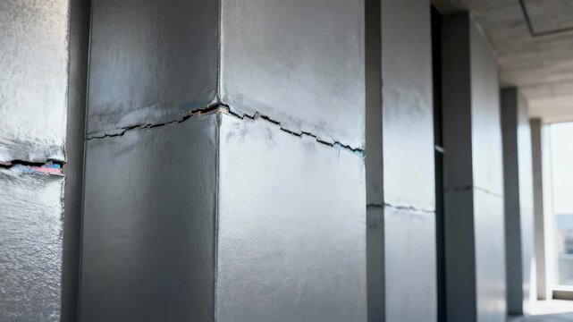 Medium shot focusing on wall sections coated with advanced selfhealing materials seamlessly fixing minor cracks in an urban building interior