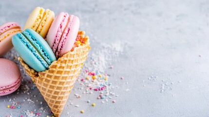 Macarons in Waffle Cone: A delectable assortment of colorful macarons artfully arranged in a crisp waffle cone, evoking sweet sensations of pleasure and indulgence.