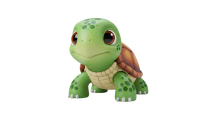 Adorable little cartoon baby turtle character with big eyes, 3d render isolated on transparent background