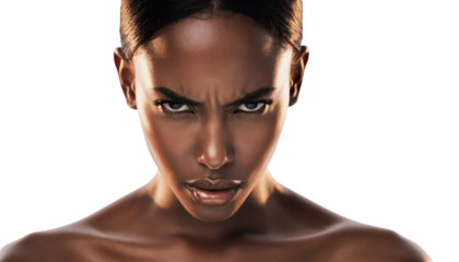 Close-up of a determined woman with a furrowed brow and intense gaze, conveying power and emotion.