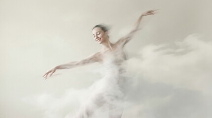 Obraz premium Woman dancer in motion on cloud. Ballerina performing elegant, ethereal dance through a dreamy, cloudy realm. Artistic performance concept.