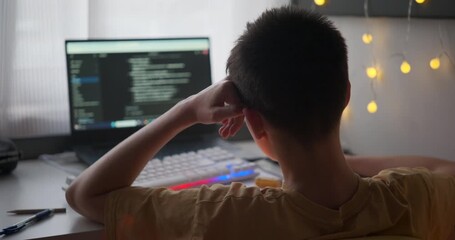 Rear view of a teenage boy looking at computer code on a laptop screen while studying programming or debugging software in a cozy room with string lights. - Powered by Adobe