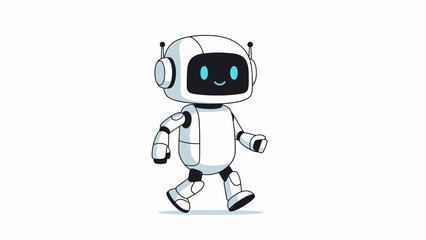 Fototapeta premium Friendly little white robot character with a happy blue screen face and antennas, walking cheerfully, representing artificial intelligence and future technology solutions