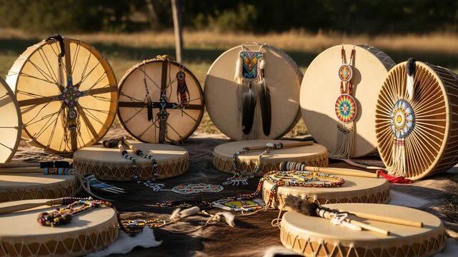 Handmade Native American drums and percussion instruments displayed outdoors with colorful 4K Ai HD high quality video.
