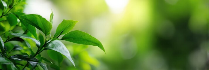 Vibrant green leaves in sunlight with soft focus background