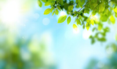 Sunlit green leaves against a soft blue sky background