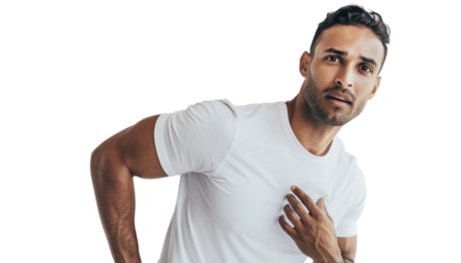 Surprised Young Man with Hand on Chest Looking at Camera in Studio Portrait