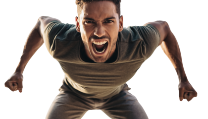 Intense Man Shouting Aggressively, Fists Clenched in a Dynamic Outdoor Portrait