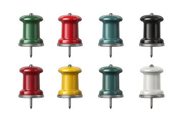 Illustration of colorful thumbtacks in various colors on transparent background