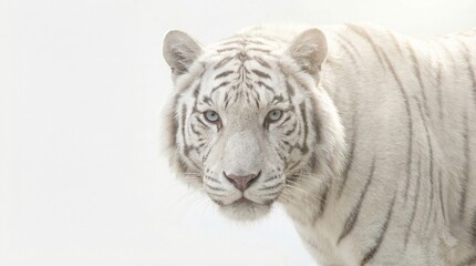 Fototapeta premium White tiger with striking blue eyes on a clean white background. Majestic wildlife animal portrait for nature and strength concepts.