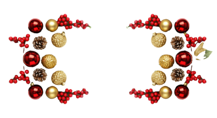 Photorealistic top-down view of luxurious nordmann fir christmas borders with snowy pinecones, scarlet holly, red and gold baubles on transparent background, concept for seasonal commercial design