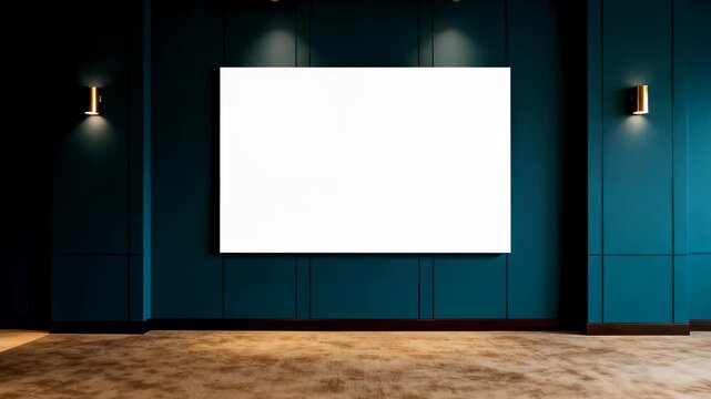 Large blank white mockup canvas on a dark blue wall with gold sconces in an elegant empty interior room