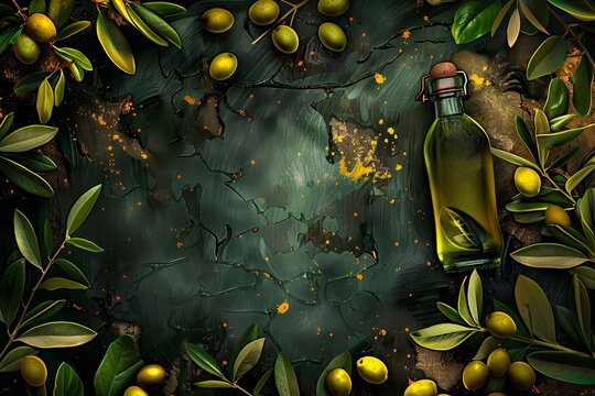 Olive oil in glass vessel, basil and olives on dark background with bokeh - Powered by Adobe